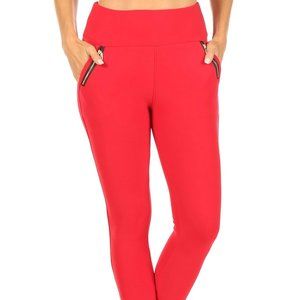 Red Trouser Leggings - Large - Zipper Accent Large